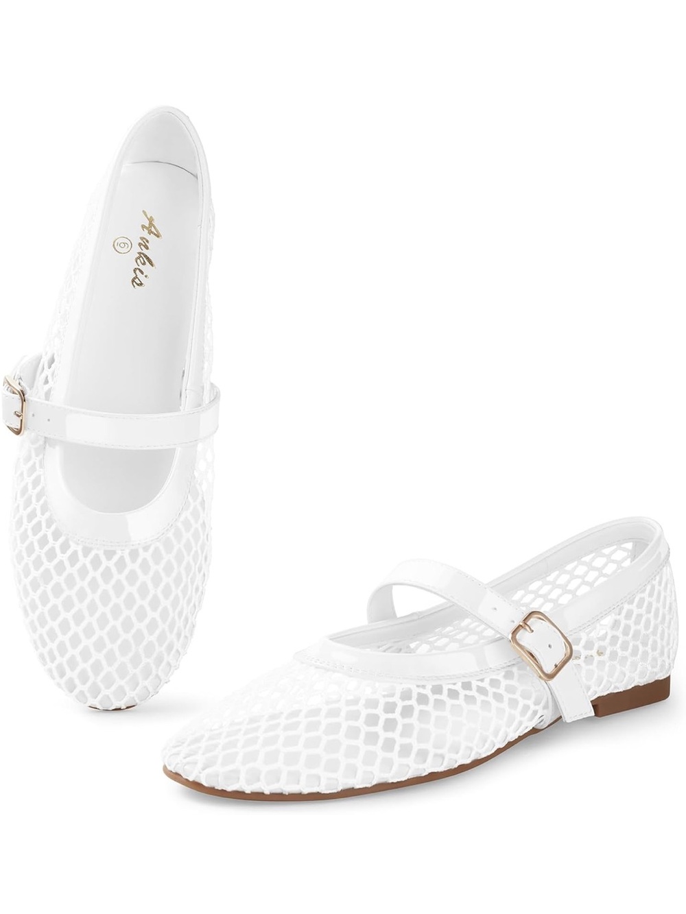 White Mesh Mary Jane Ballet Flats with Buckle